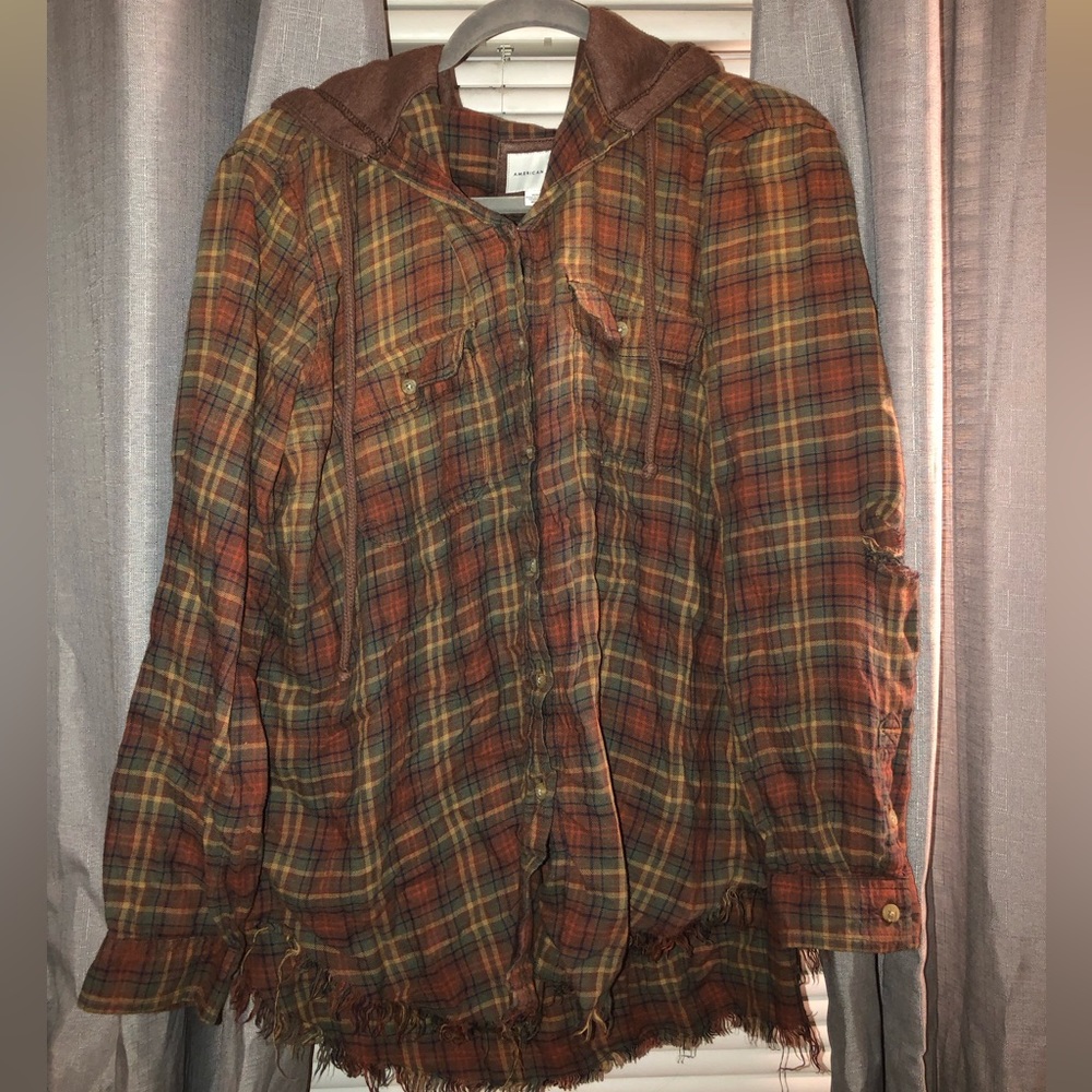 American Eagle Button-Up Flannel with Hoodie size: M